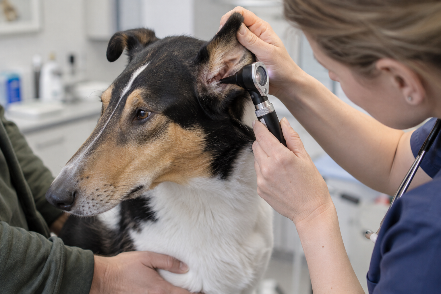 Veterinárka vyšetruje psovi zvukovod pomocou otoskopu